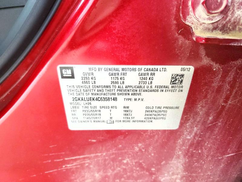 55917056 :رقم المزاد ، 2GKALUEK4C6358148 vin ، 2012 Gmc Terrain مزاد بيع