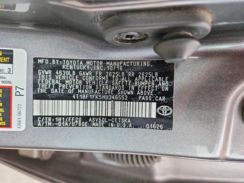 2017 Toyota Camry მანქანა იყიდება აუქციონზე, vin: 4T1BF1FK5HU346552, აუქციონის ნომერი: 57216346