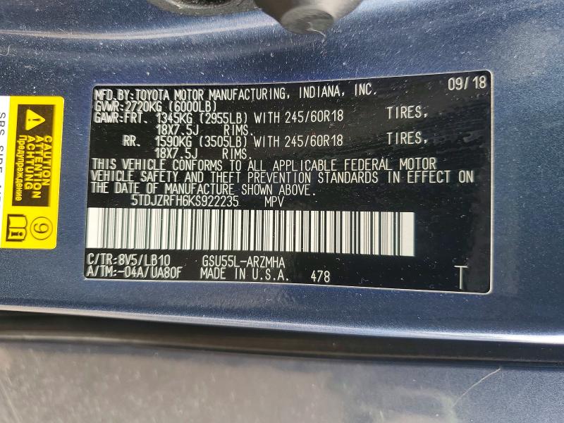 Aukcja sprzedaży 2019 Toyota Highlander, vin: 5TDJZRFH6KS922235, numer aukcji: 56701846