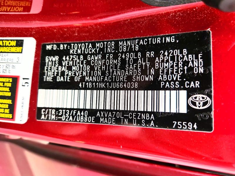 Продаж на аукціоні авто 2018 Toyota Camry, vin: 4T1B11HK1JU664038, номер лоту: 55308976