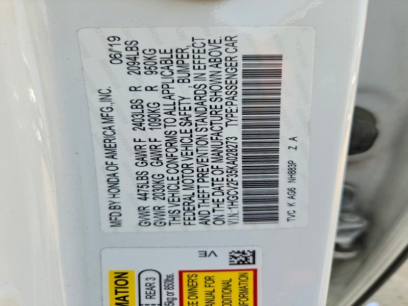Aukcja sprzedaży 2019 Honda Accord, vin: 1HGCV2F35KA028273, numer aukcji: 58070326