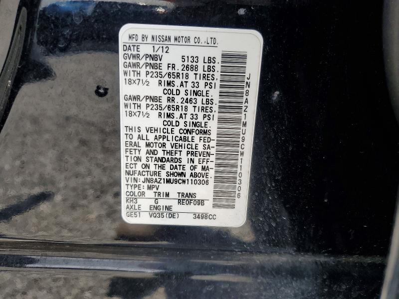 Aukcja sprzedaży 2012 Nissan Murano, vin: JN8AZ1MU9CW110306, numer aukcji: 57197846