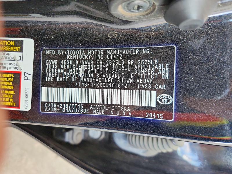 Aukcja sprzedaży 2012 Toyota Camry, vin: 4T1BF1FKXCU101612, numer aukcji: 56732166