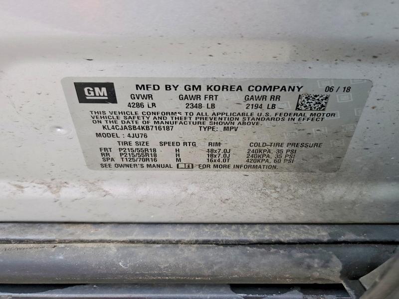 2019 Buick Encore მანქანა იყიდება აუქციონზე, vin: KL4CJASB4KB716187, აუქციონის ნომერი: 57439066