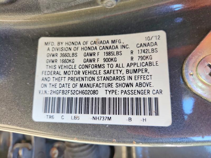 Продаж на аукціоні авто 2012 Honda Civic, vin: 2HGFB2F52CH602080, номер лоту: 56057216
