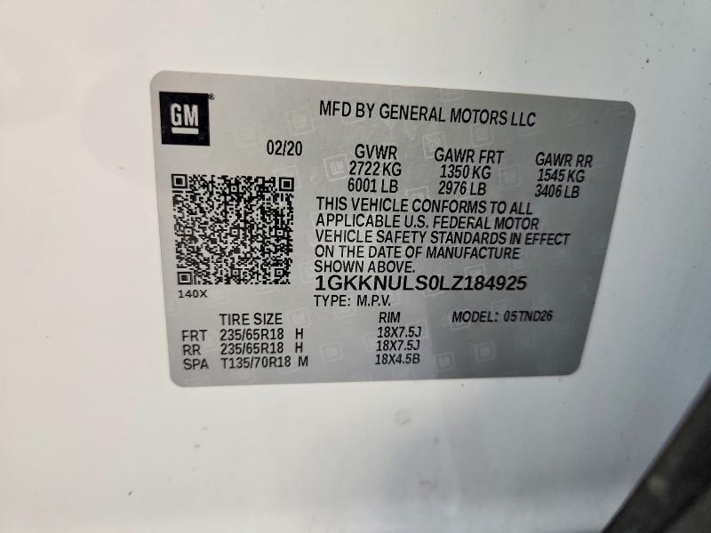 56636066 :رقم المزاد ، 1GKKNULS0LZ184925 vin ، 2020 Gmc Acadia مزاد بيع