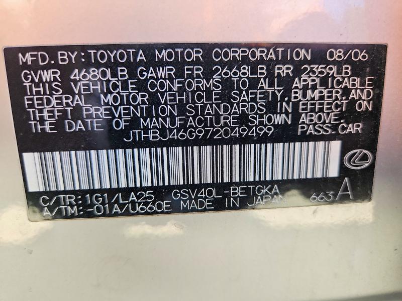 56675156 :رقم المزاد ، JTHBJ46G972049499 vin ، 2007 Lexus Es مزاد بيع