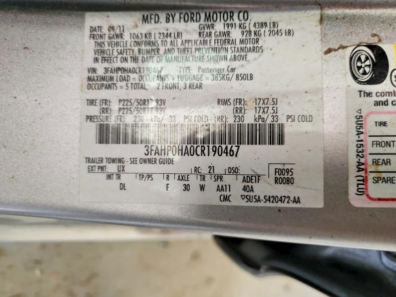 Aukcja sprzedaży 2012 Ford Fusion, vin: 3FAHP0HA0CR190467, numer aukcji: 55922466