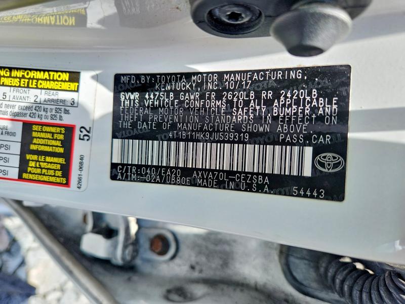 Auction sale of the 2018 Toyota Camry, vin: 4T1B11HK9JU539319, lot number: 57118446