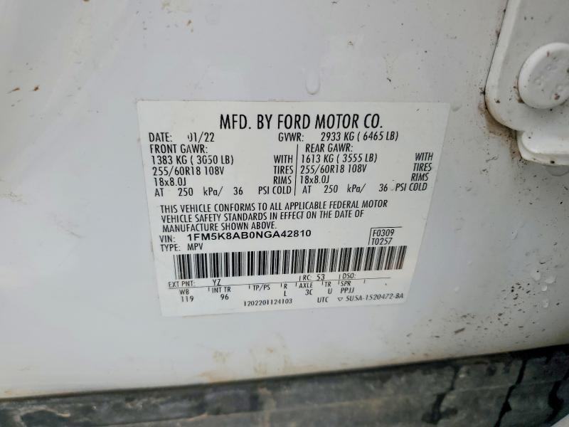 2022 Ford Explorer მანქანა იყიდება აუქციონზე, vin: 1FM5K8AB0NGA42810, აუქციონის ნომერი: 55959986