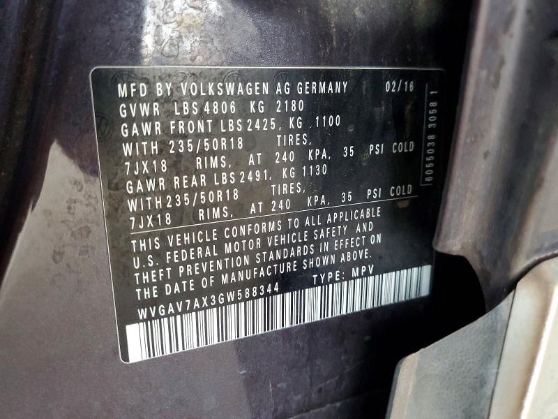 Aukcja sprzedaży 2016 Volkswagen Tiguan, vin: WVGAV7AX3GW588344, numer aukcji: 58842366