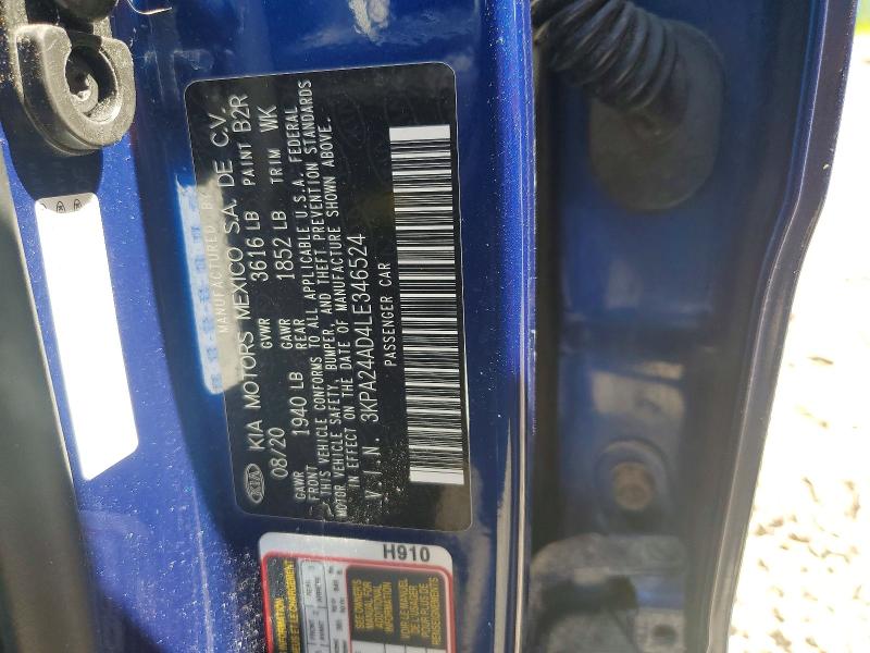 56478856 :رقم المزاد ، 3KPA24AD4LE346524 vin ، 2020 Kia Rio مزاد بيع