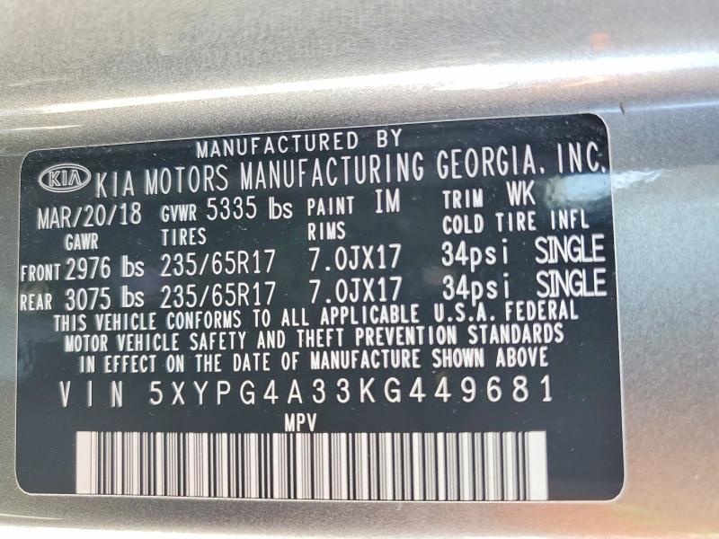 Продажа на аукционе авто 2019 Kia Sorento, vin: 5XYPG4A33KG449681, номер лота: 57898326
