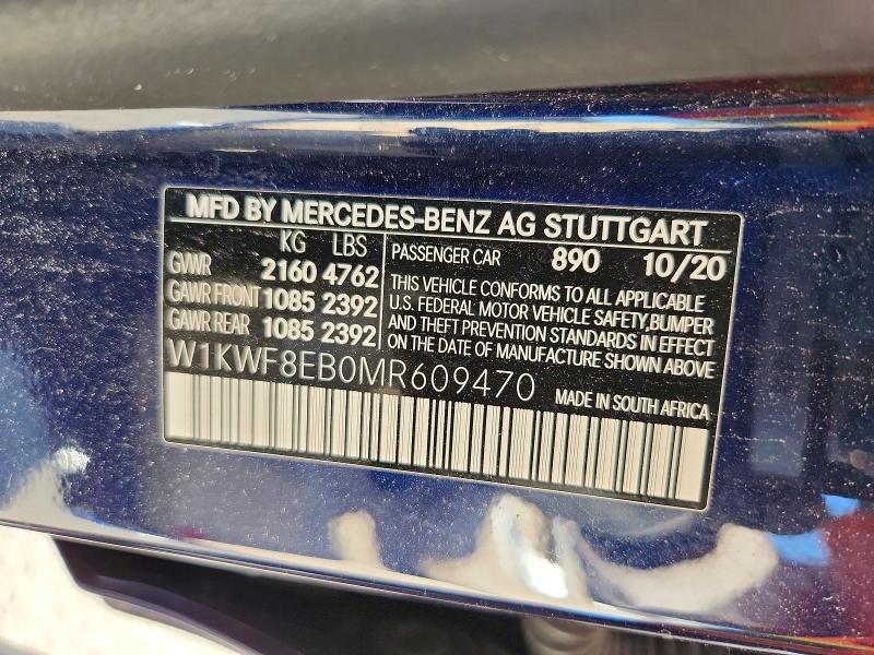 2021 Mercedes-benz C მანქანა იყიდება აუქციონზე, vin: W1KWF8EB0MR609470, აუქციონის ნომერი: 55955686