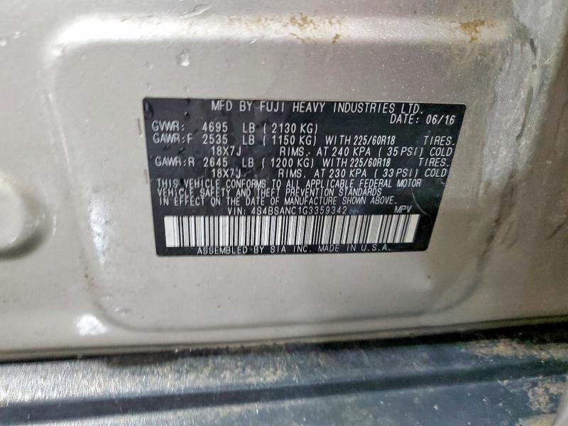 Продаж на аукціоні авто 2016 Subaru Outback, vin: 4S4BSANC1G3359342, номер лоту: 56536216