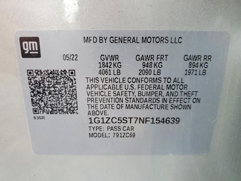 Продажа на аукционе авто 2022 Chevrolet Malibu, vin: 1G1ZC5ST7NF154639, номер лота: 58120476