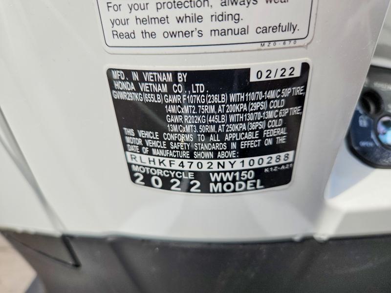 55573326 :رقم المزاد ، RLHKF4702NY100288 vin ، 2022 Honda Ww150 مزاد بيع