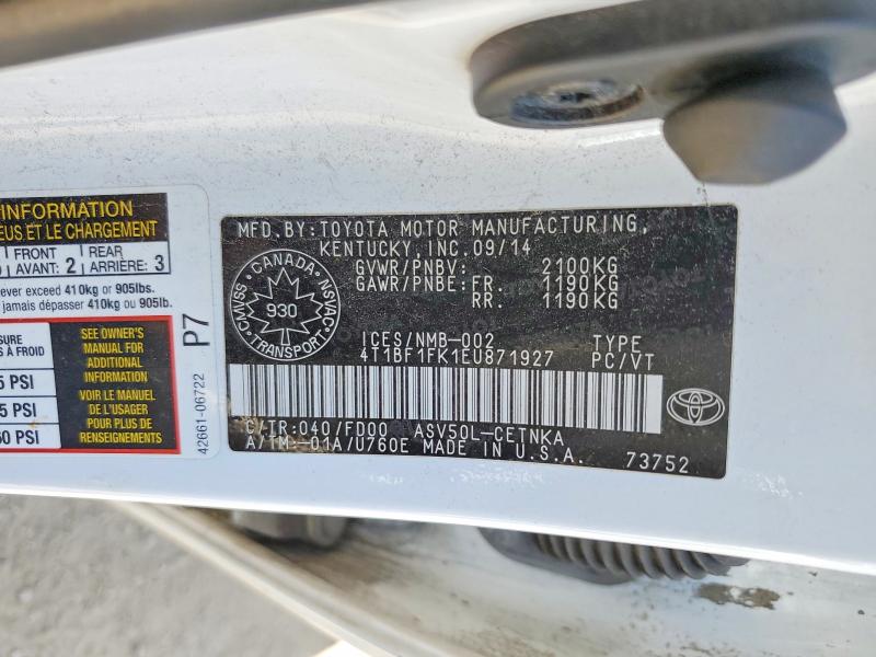 2014 Toyota Camry მანქანა იყიდება აუქციონზე, vin: 4T1BF1FK1EU871927, აუქციონის ნომერი: 55897736