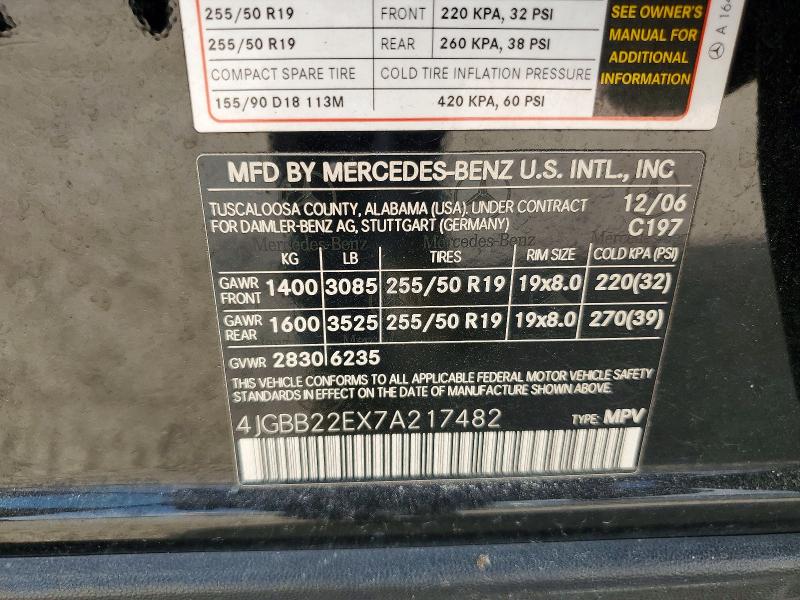 2007 Mercedes-benz Ml მანქანა იყიდება აუქციონზე, vin: 4JGBB22EX7A217482, აუქციონის ნომერი: 58554996