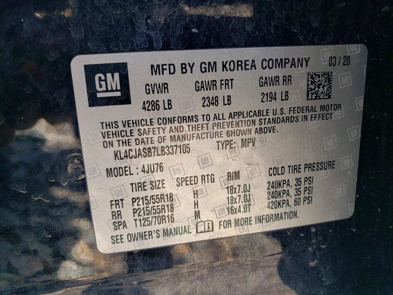 57491546 :رقم المزاد ، KL4CJASB7LB337105 vin ، 2020 Buick Encore مزاد بيع