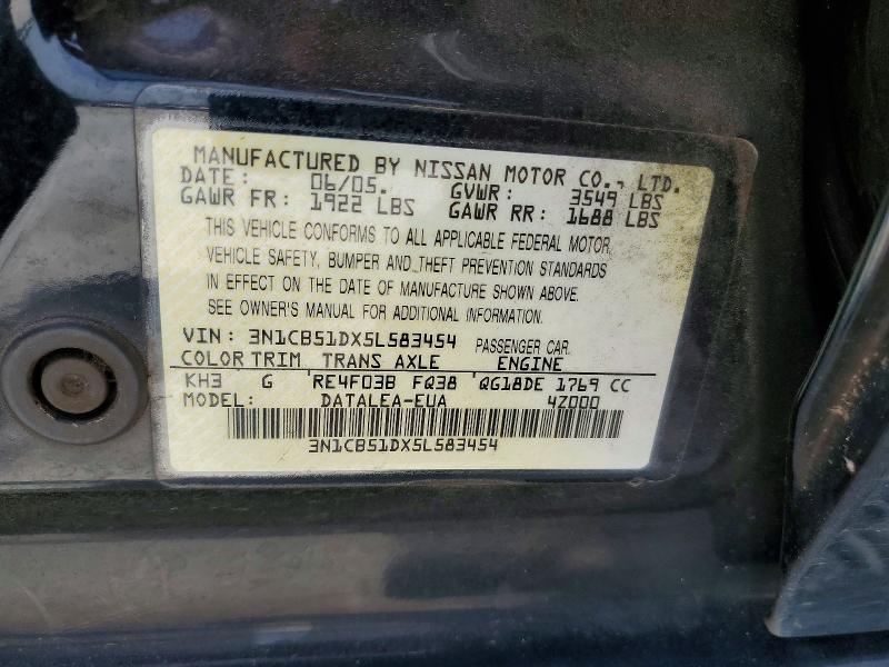 2005 Nissan Sentra მანქანა იყიდება აუქციონზე, vin: 3N1CB51DX5L583454, აუქციონის ნომერი: 56434376