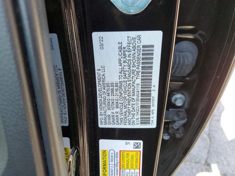Продажа на аукционе авто 2022 Honda Accord, vin: 1HGCV1F35NA041118, номер лота: 57078706