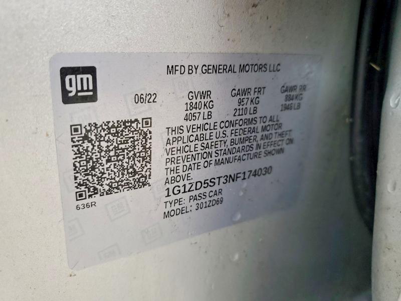 Продаж на аукціоні авто 2022 Chevrolet Malibu, vin: 1G1ZD5ST3NF174030, номер лоту: 58149816