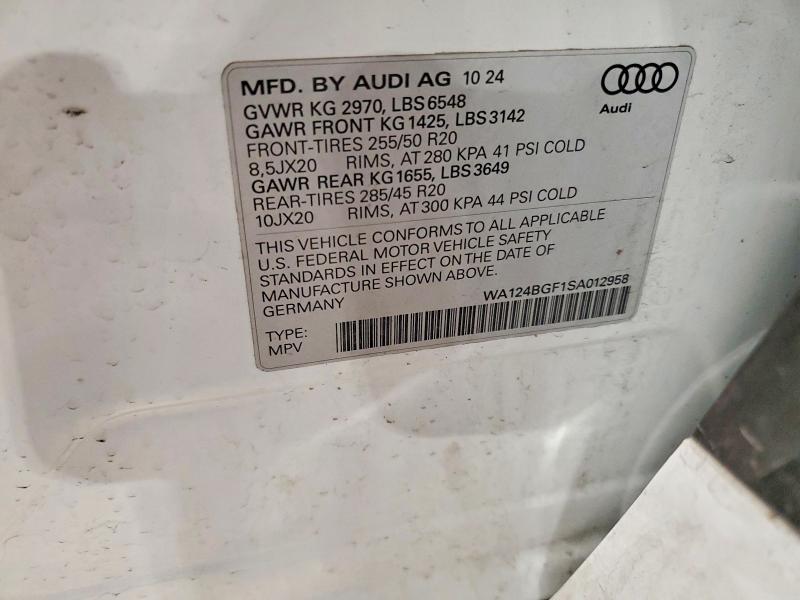 2025 Audi Q6 E-tron მანქანა იყიდება აუქციონზე, vin: WA124BGF1SA012958, აუქციონის ნომერი: 56136856