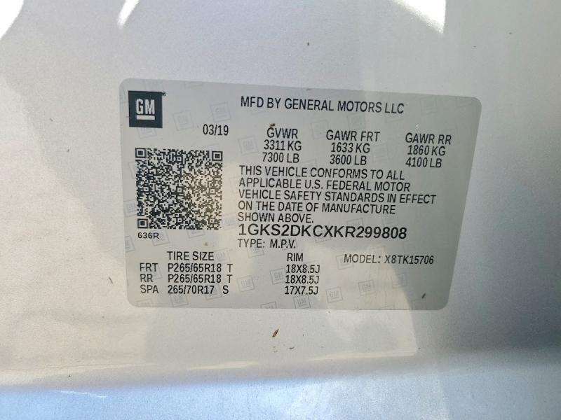 56289856 :رقم المزاد ، 1GKS2DKCXKR299808 vin ، 2019 Gmc Yukon مزاد بيع