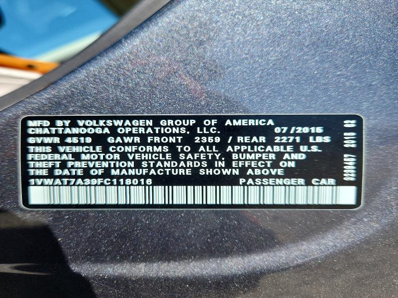 Aukcja sprzedaży 2015 Volkswagen Passat, vin: 1VWAT7A39FC118016, numer aukcji: 58569816