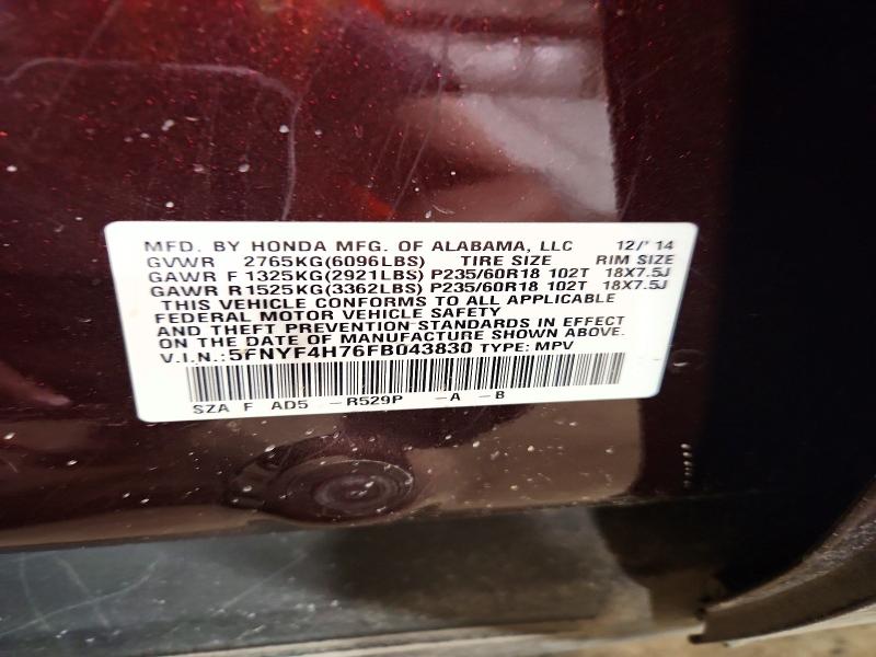 2015 Honda Pilot მანქანა იყიდება აუქციონზე, vin: 5FNYF4H76FB043830, აუქციონის ნომერი: 56819666