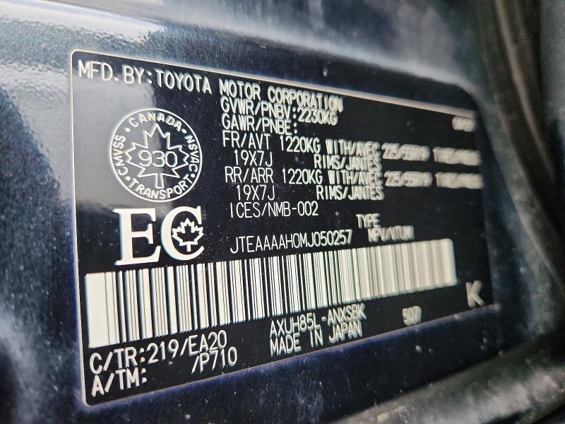 Aukcja sprzedaży 2021 Toyota Venza, vin: JTEAAAAH0MJ050257, numer aukcji: 58296066