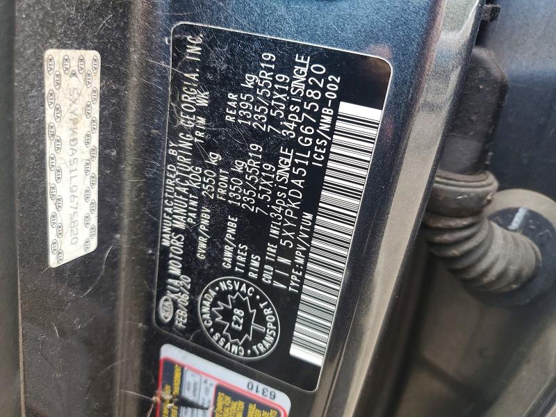 2020 Kia Sorento მანქანა იყიდება აუქციონზე, vin: 5XYPKDA51LG675820, აუქციონის ნომერი: 55709366
