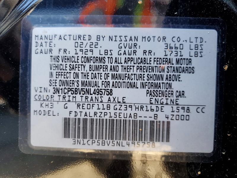 2022 Nissan Kicks მანქანა იყიდება აუქციონზე, vin: 3N1CP5BV5NL495758, აუქციონის ნომერი: 55542706