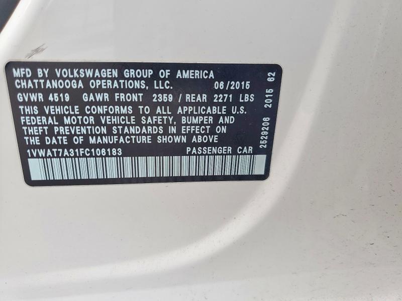 2015 Volkswagen Passat მანქანა იყიდება აუქციონზე, vin: 1VWAT7A31FC106183, აუქციონის ნომერი: 57645116