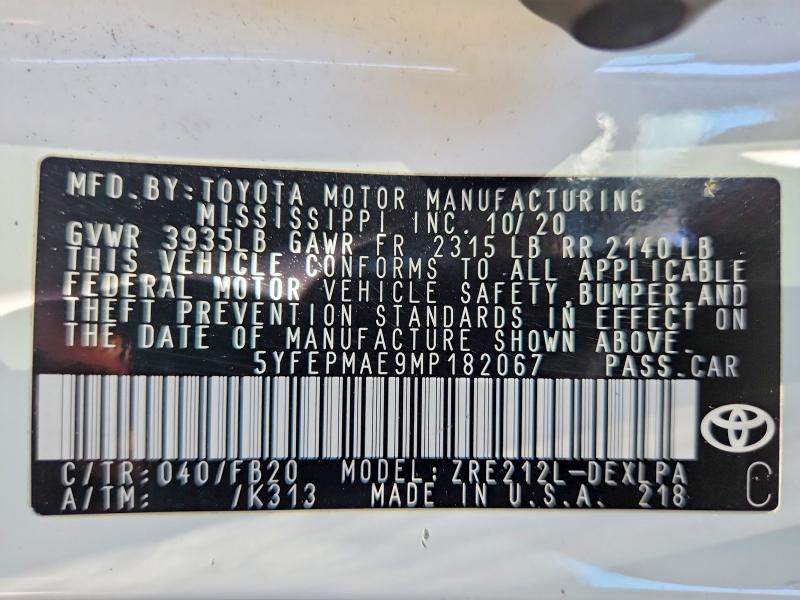 Aukcja sprzedaży 2021 Toyota Corolla, vin: 5YFEPMAE9MP182067, numer aukcji: 57336206