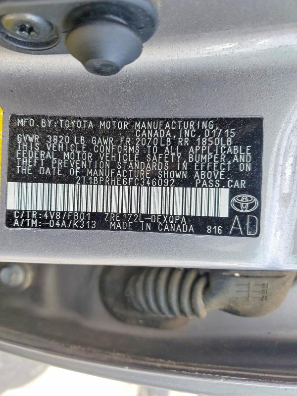 2015 Toyota Corolla მანქანა იყიდება აუქციონზე, vin: 2T1BPRHE6FC346092, აუქციონის ნომერი: 56121716