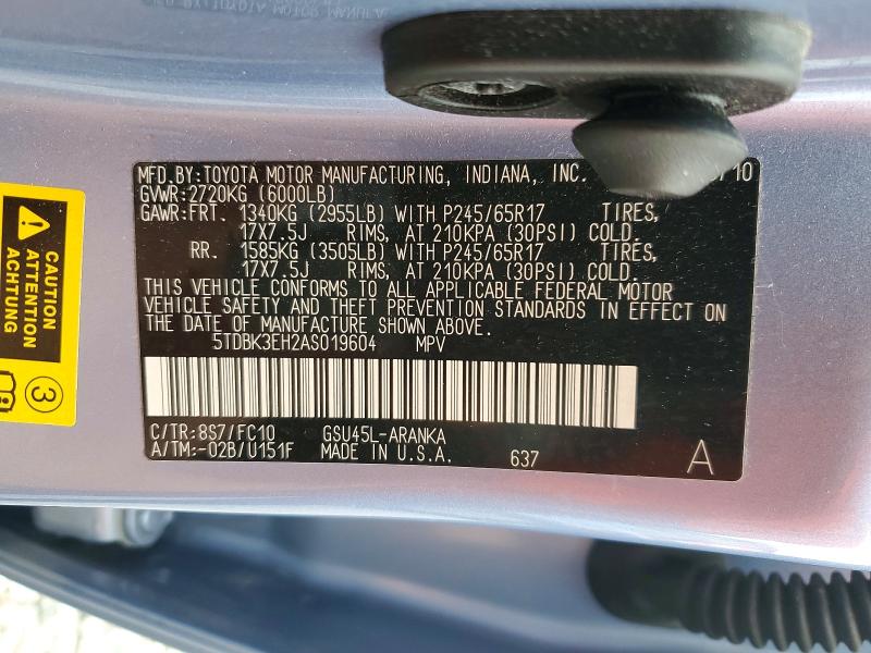 Aukcja sprzedaży 2010 Toyota Highlander, vin: 5TDBK3EH2AS019604, numer aukcji: 54158196
