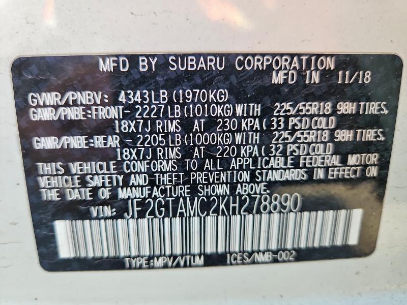 2019 Subaru Crosstrek მანქანა იყიდება აუქციონზე, vin: JF2GTAMC2KH278890, აუქციონის ნომერი: 56502686