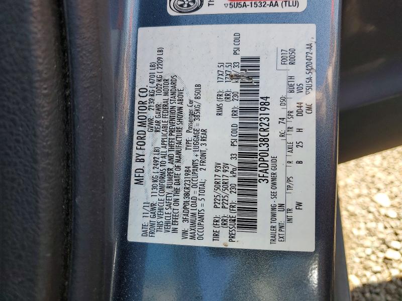 2012 Ford Fusion მანქანა იყიდება აუქციონზე, vin: 3FADP0L38CR231984, აუქციონის ნომერი: 55575906