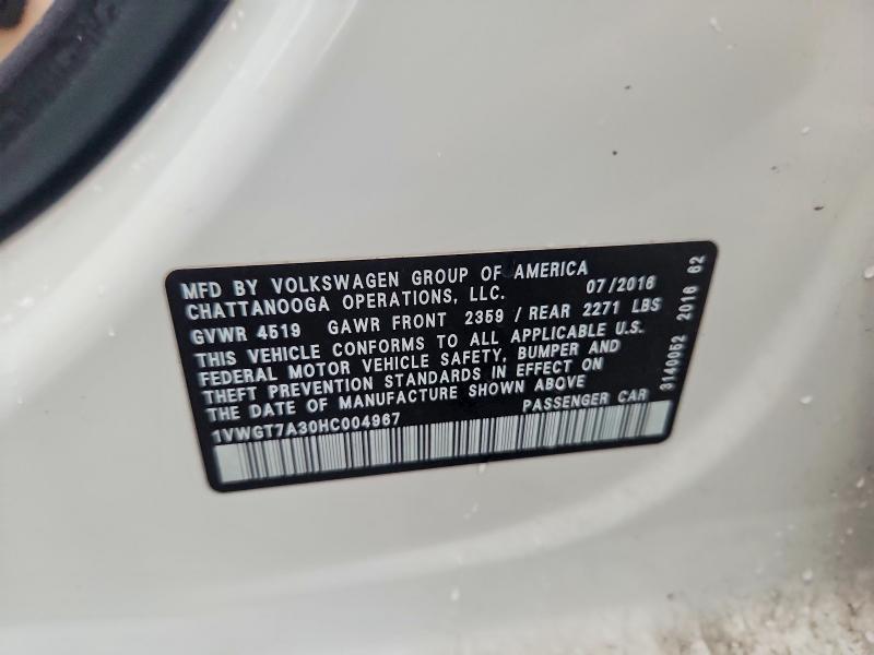 Aukcja sprzedaży 2017 Volkswagen Passat, vin: 1VWGT7A30HC004967, numer aukcji: 57356236
