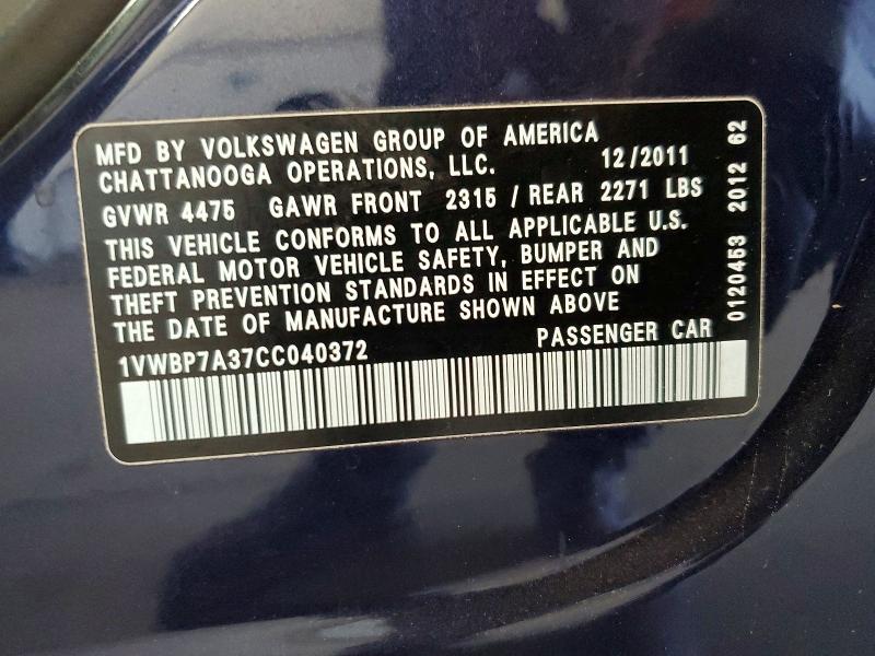 Aukcja sprzedaży 2012 Volkswagen Passat, vin: 1VWBP7A37CC040372, numer aukcji: 57683446