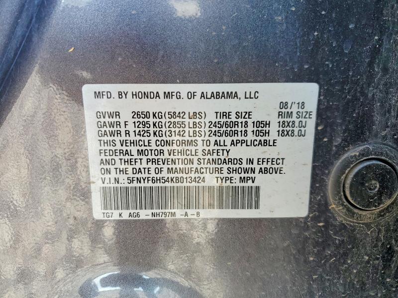 56860426 :رقم المزاد ، 5FNYF6H54KB013424 vin ، 2019 Honda Pilot مزاد بيع
