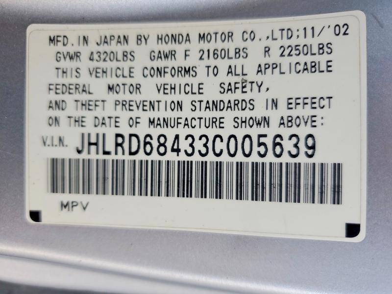 58323396 :رقم المزاد ، JHLRD68433C005639 vin ، 2003 Honda Cr-v مزاد بيع