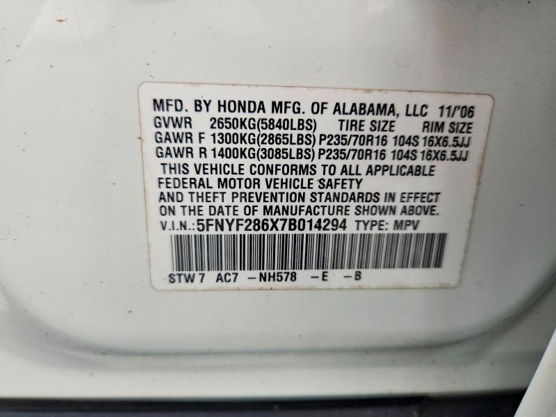Продажа на аукционе авто 2007 Honda Pilot, vin: 5FNYF286X7B014294, номер лота: 59255416