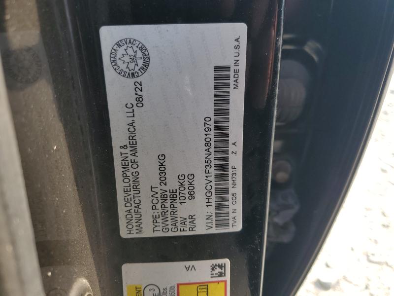 2022 Honda Accord მანქანა იყიდება აუქციონზე, vin: 1HGCV1F35NA801970, აუქციონის ნომერი: 59069286