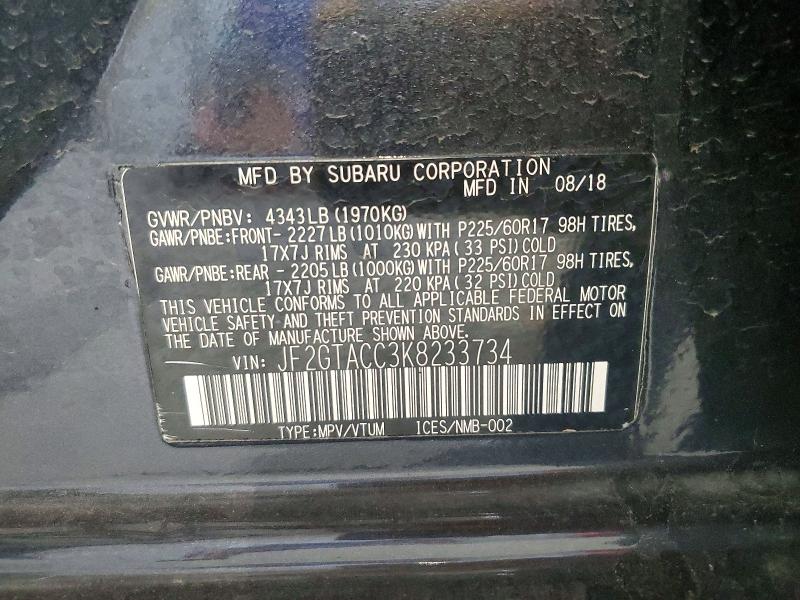 2019 Subaru Crosstrek მანქანა იყიდება აუქციონზე, vin: JF2GTACC3K8233734, აუქციონის ნომერი: 55703236