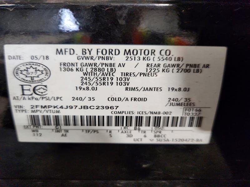 55745856 :رقم المزاد ، 2FMPK4J97JBC23967 vin ، 2018 Ford Edge مزاد بيع