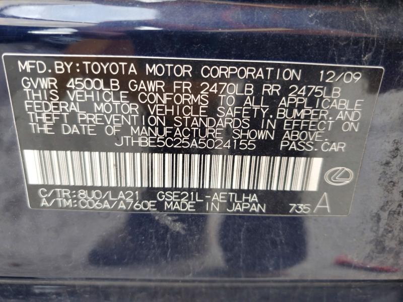 56743856 :رقم المزاد ، JTHBE5C25A5024155 vin ، 2010 Lexus Is مزاد بيع