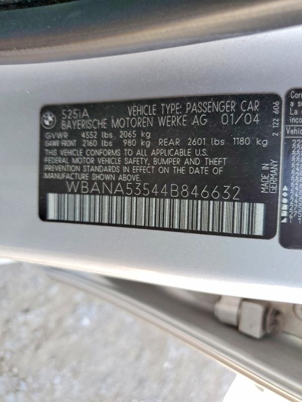 Продажа на аукционе авто 2004 Bmw 525, vin: WBANA53544B846632, номер лота: 59146986